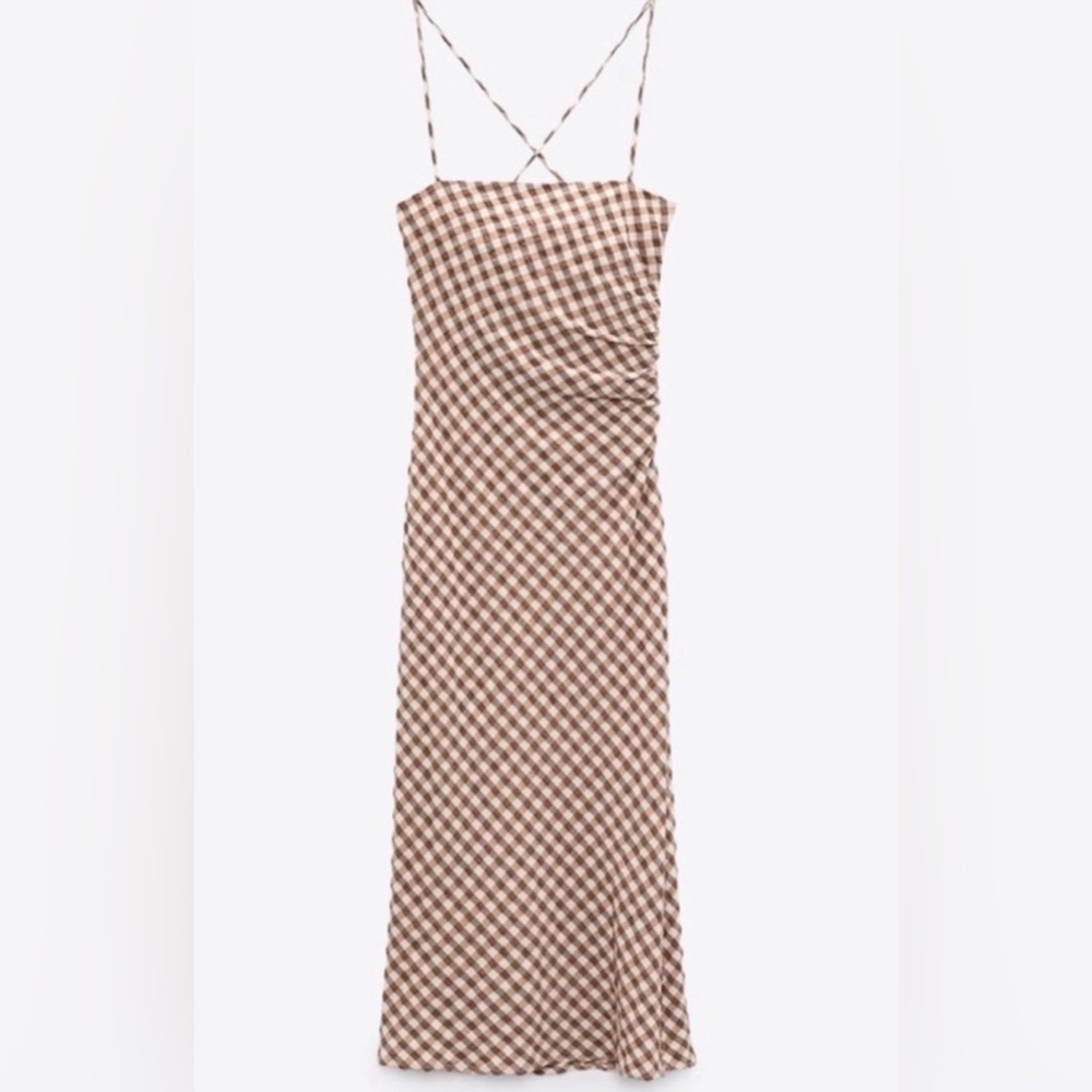 Zara Brown and White Gingham Midi Slip Dress